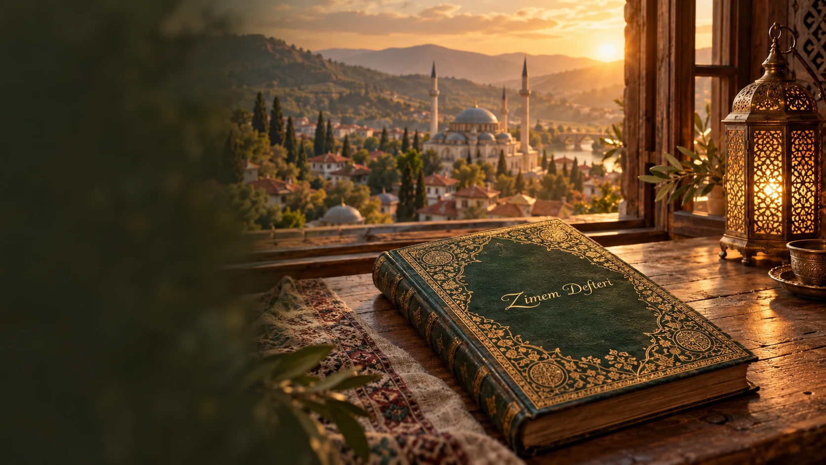 Gün batımında bir cami manzarası önünde, fener ışığıyla aydınlanan Zimem Defteri